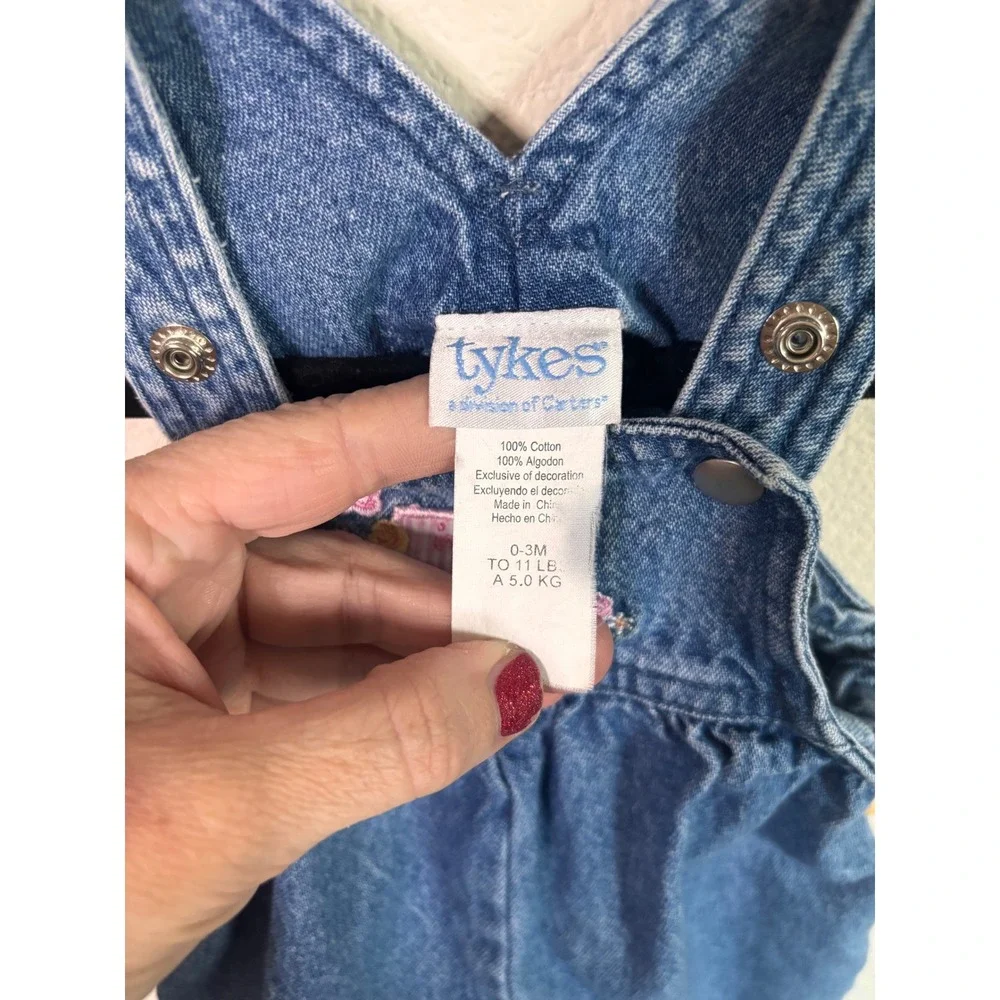 Vintage Carters Tykes Denim Overalls Baby Girls 0-3M Embroidered Garden Cat
